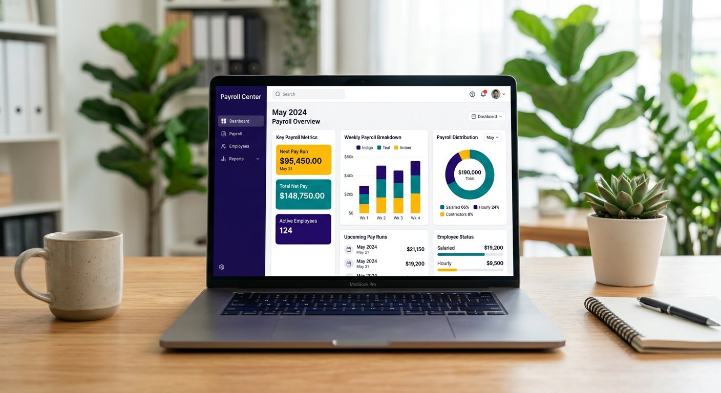 Payroll Center dashboard on a laptop showing colorful charts