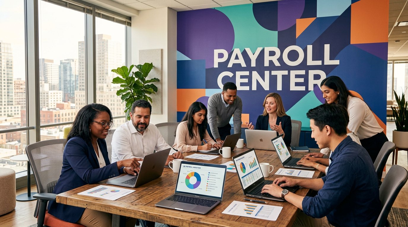 Payroll Center team processing payroll in a modern office