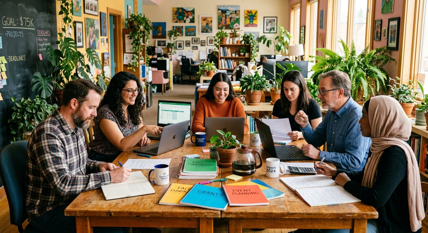 Nonprofit staff planning budgets around a table